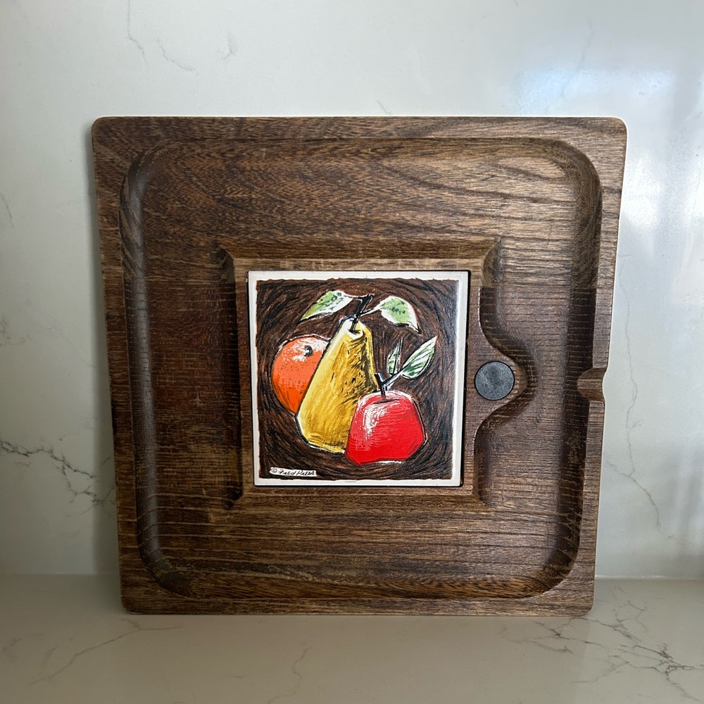 VTG Fred Press Wooden Serving Tray ServWood with Fruit Trivet Tile Design